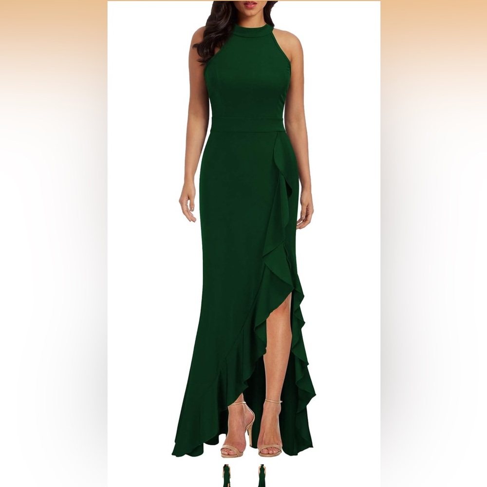 Dark green halter formal maxi dress